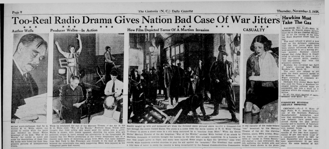 Noticia sobre el impacto de la dramatización de 'La guerra de los mundos' en el periódico The Gastonia Daily Gazette